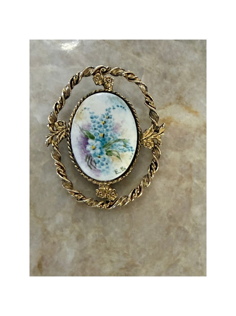 Porcelain hand painted vintage Brooch/ pendant White bluebells, golden frame.